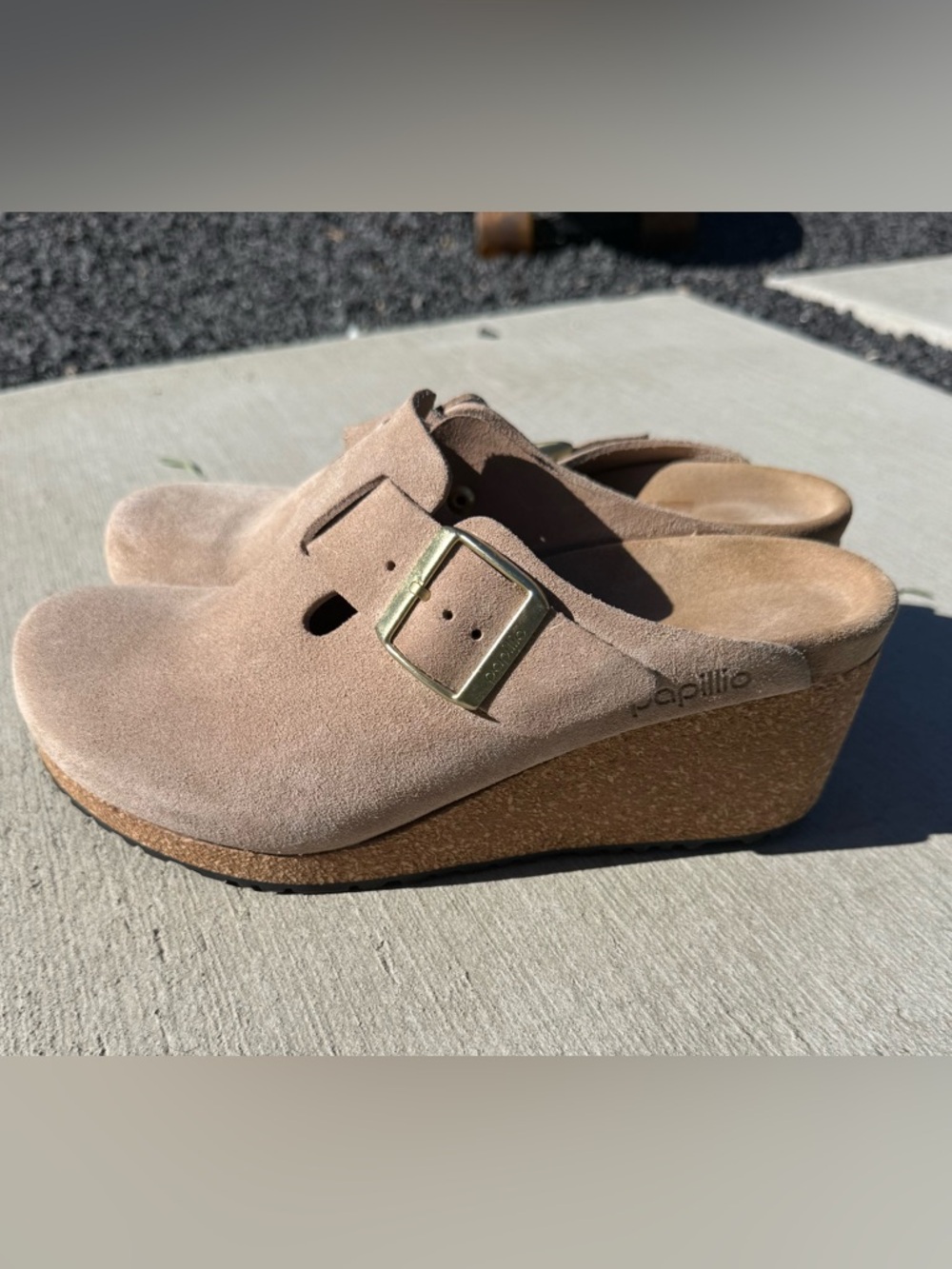 Birkenstock Papillio Fanny Wedge Clog Women's Suede Buckle Clog in Taupe